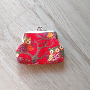 Cute Owl Themed Mini Coin Purse, Red, Silver Toned Metal Trim, 3' by 4"